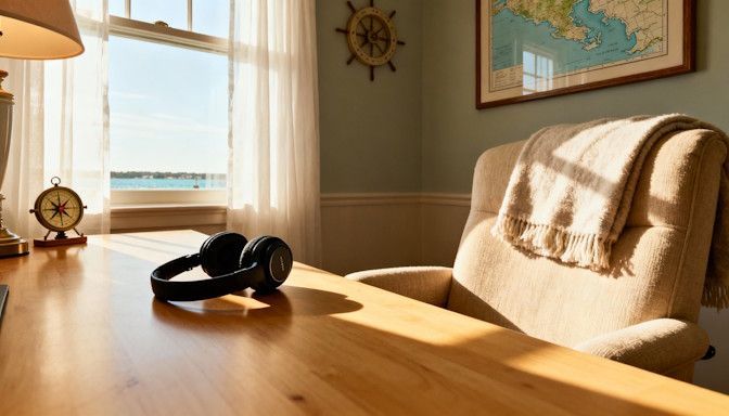 home office in Chesapeake VA with headphones and a comfortable chair for a virtual hypnosis