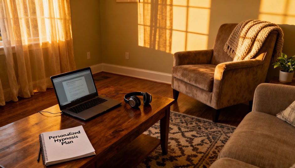 living room in Chesapeake with a laptop headphones and a notebook labeled Personalized Hypnosis Plan