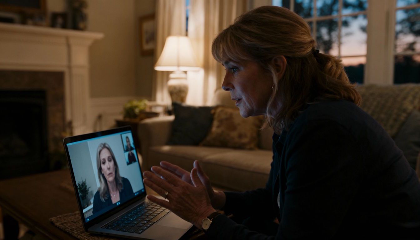 middle aged Chesapeake woman on a laptop for her virtual hypnosis call warm evening light