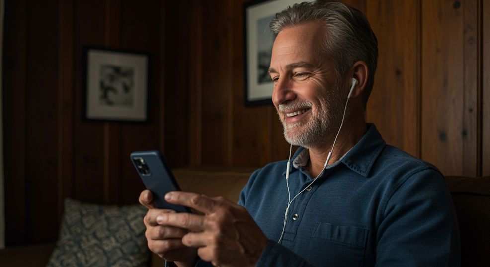 middle aged man smiling after a virtual hypnosis session on his smartphone in Chesapeake