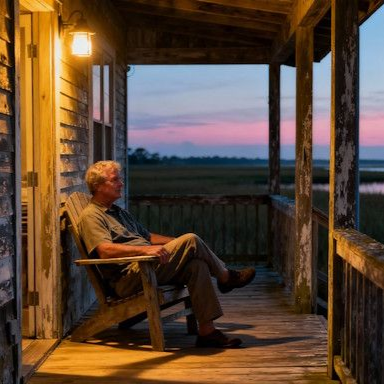 old man sitting on his back porch at sunset