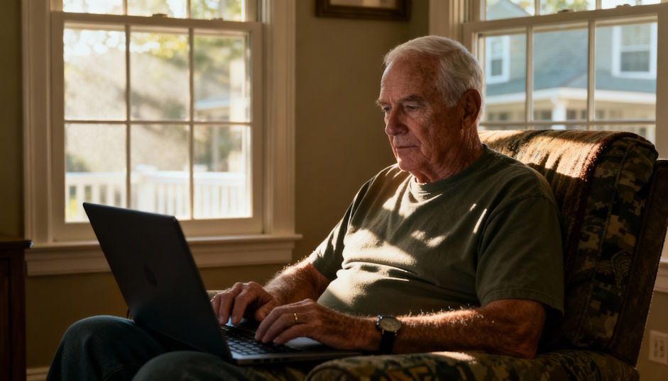 military veteran in Chesapeake, casual clothing, focused on laptop during virtual hypnosis session