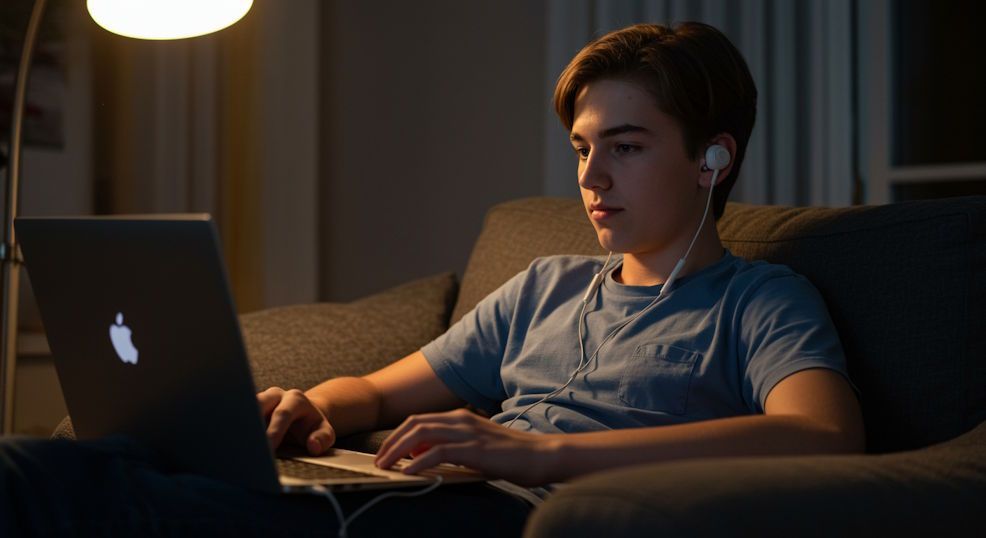 teen sitting down in virtual hypnosis session to quit biting his nails with earbuds at home in Chesapeake