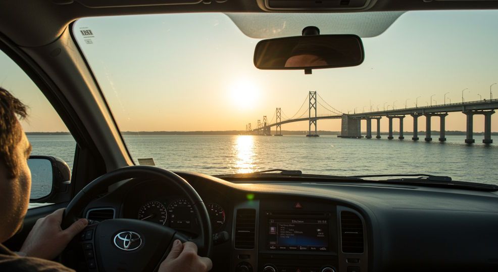 view from inside a car approaching Chesapeake Bay Bridge-Tunnel sunny day calm sea clear blue sky