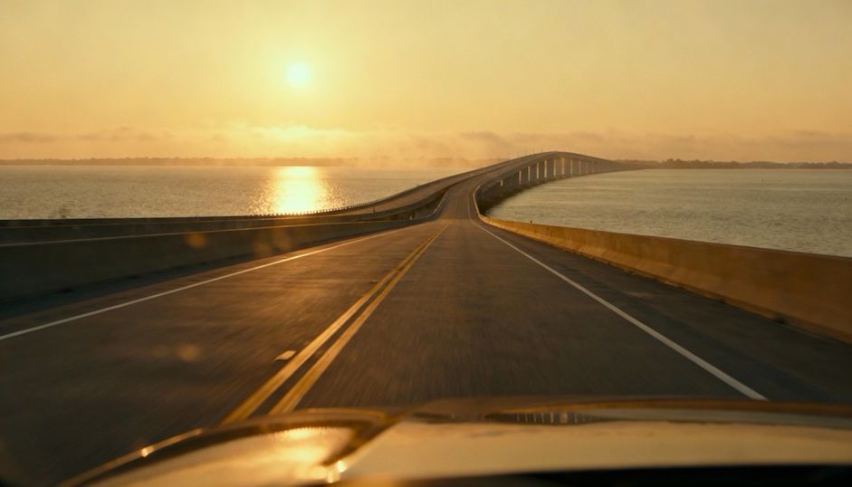 view from inside a car approaching Chesapeake Bay Bridge-Tunnel sunny day calm sea clear blue sky