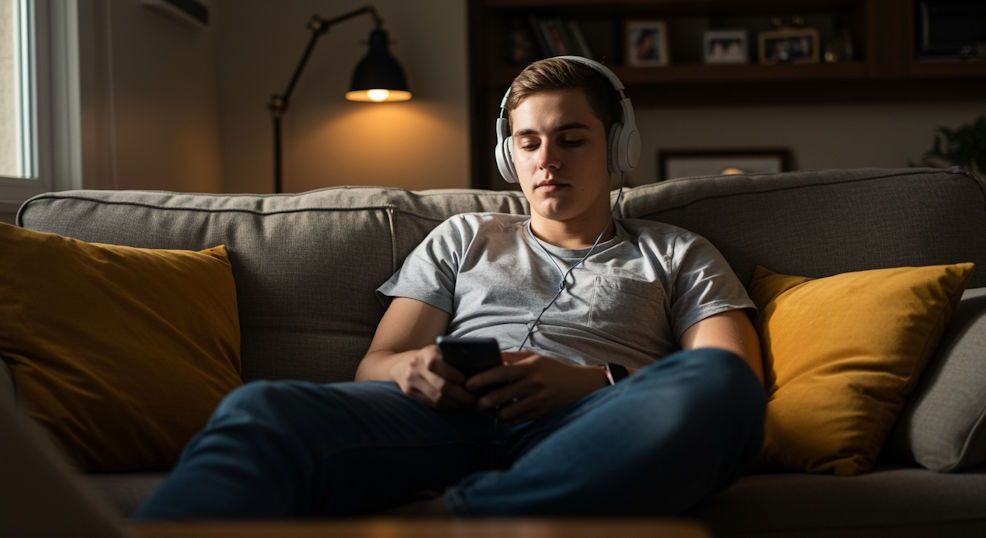 young man preparing for remote hypnosis session by sitting on their couch with headphones