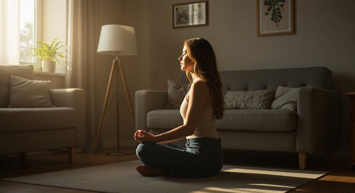 young woman from Chesapeake Va meditating in her living room the morning