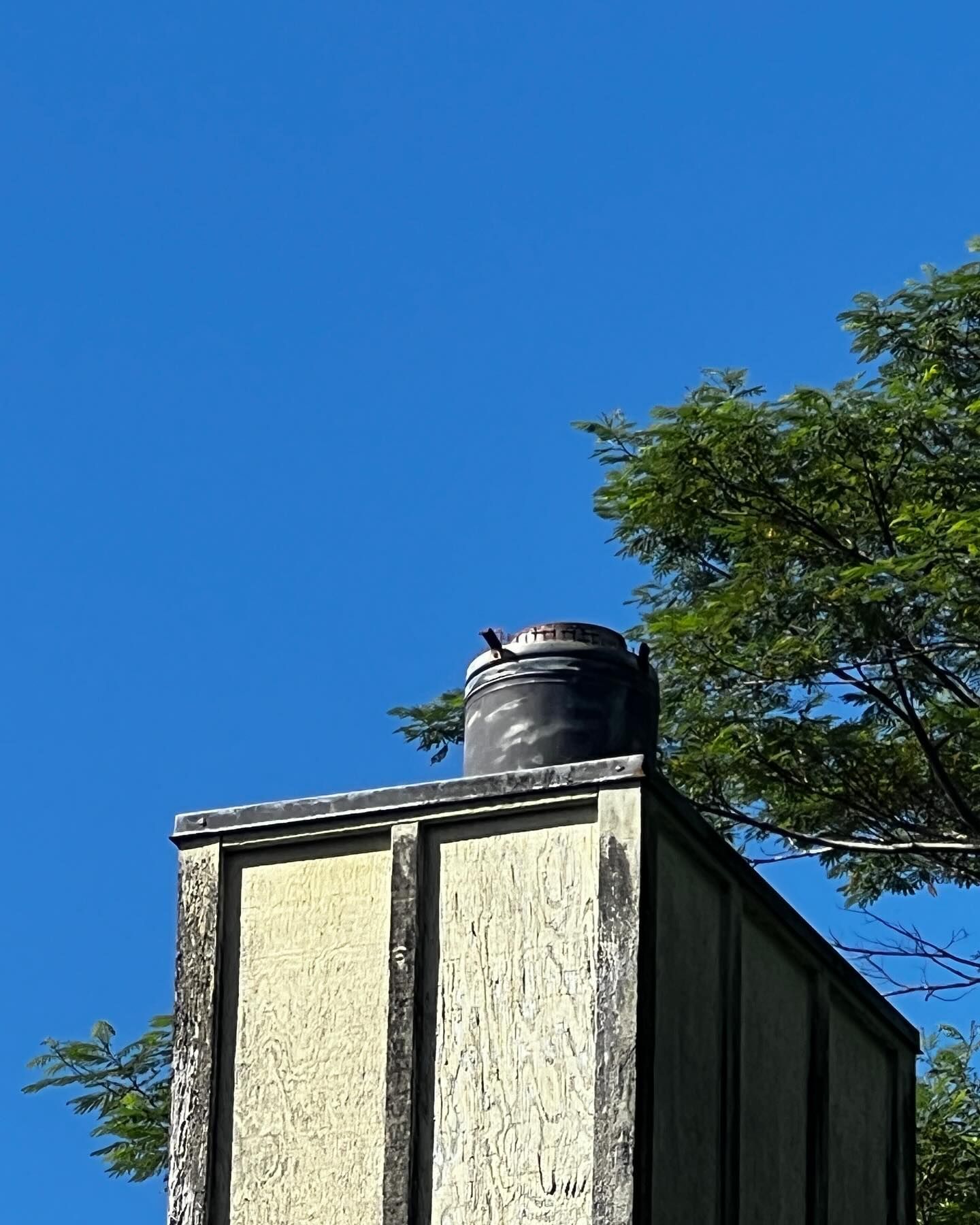 A chimney on top of a building with a tree in the background