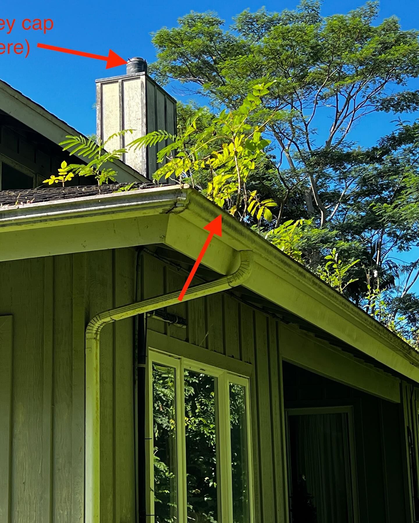 A green house with a chimney on top of it