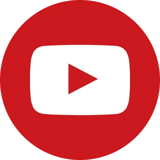 A white youtube logo in a red circle with a play button.