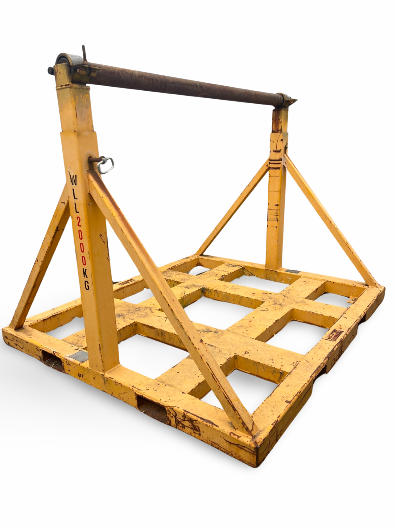 A yellow pallet with a metal frame on it