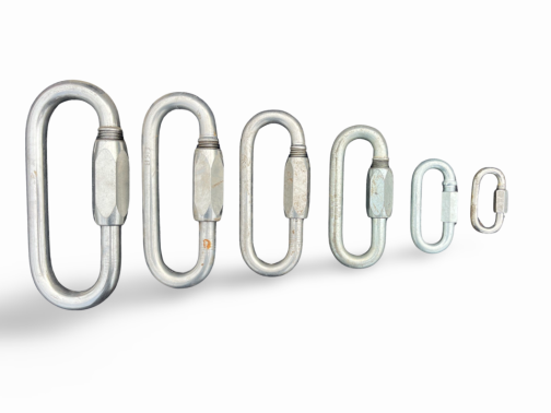 A row of stainless steel carabiners of different sizes on a white background.