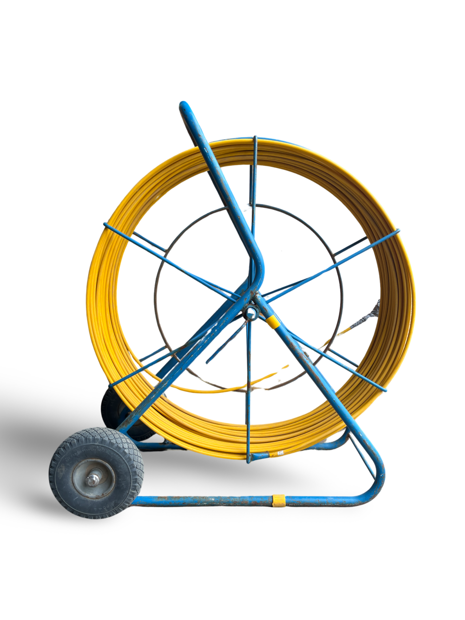 A yellow and blue hose reel with wheels on a white background.