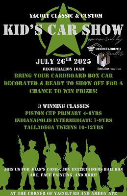 Poster for a kids' car show in Yacolt, July 26, 2025. Children are invited to bring decorated cardboard box cars to win prizes. | Impact Automotive