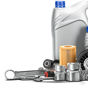 Car parts including oil, filter, sockets, wrench, and suspension parts, arranged on white. | Impact Automotive