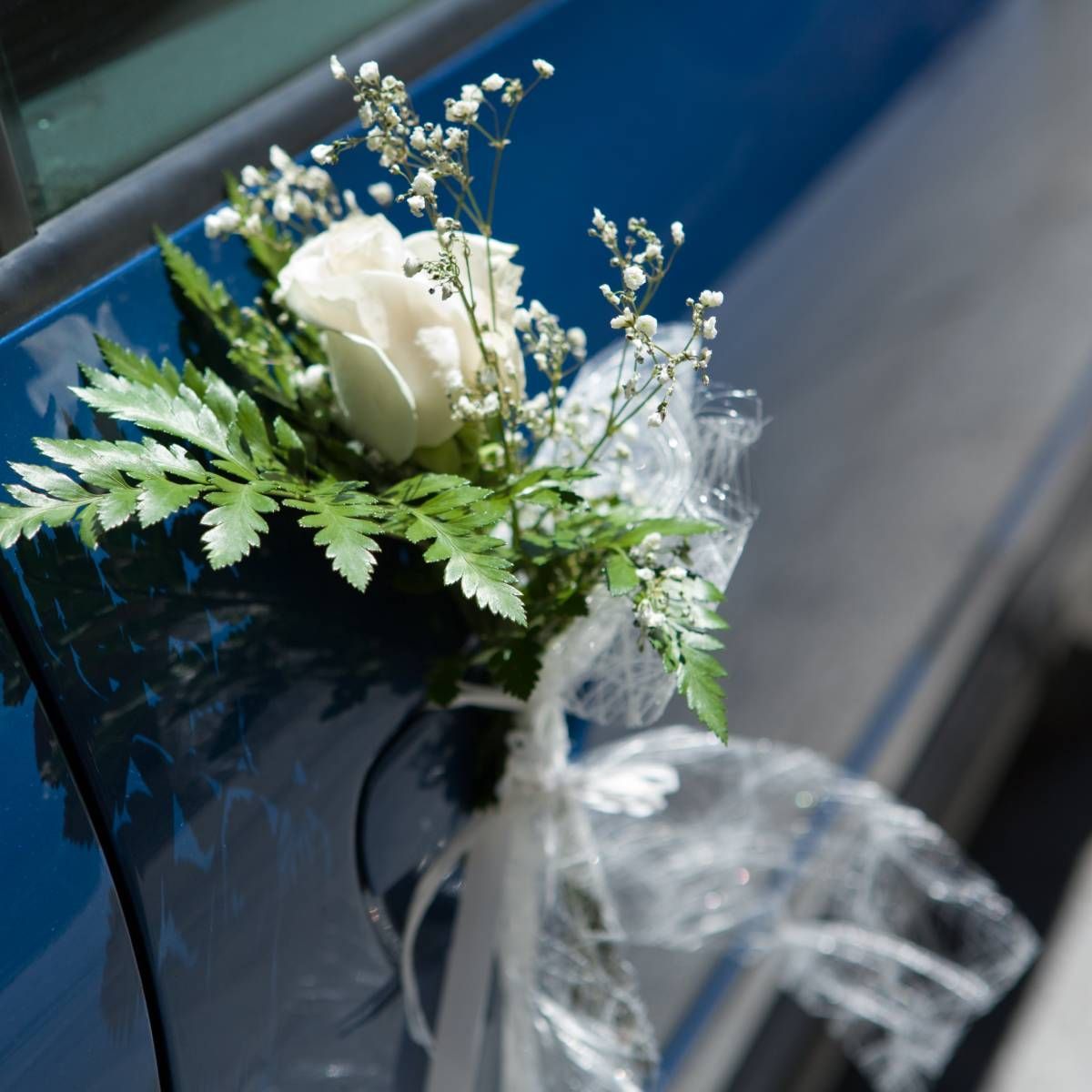 White rose and baby's breath floral decoration tied to a blue car door handle with white ribbon.