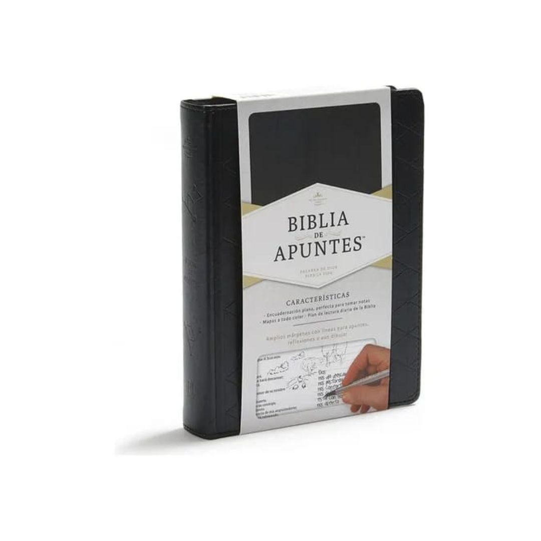 Biblia negra con texto en español y diseño para tomar notas, envuelta en empaque blanco.