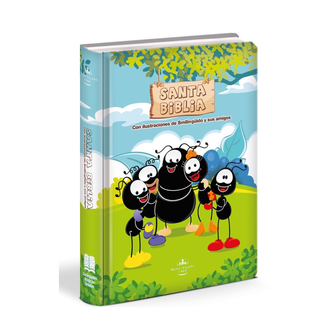 Una portada bíblica de dibujos animados con cinco hormigas. Hierba verde y cielo azul.