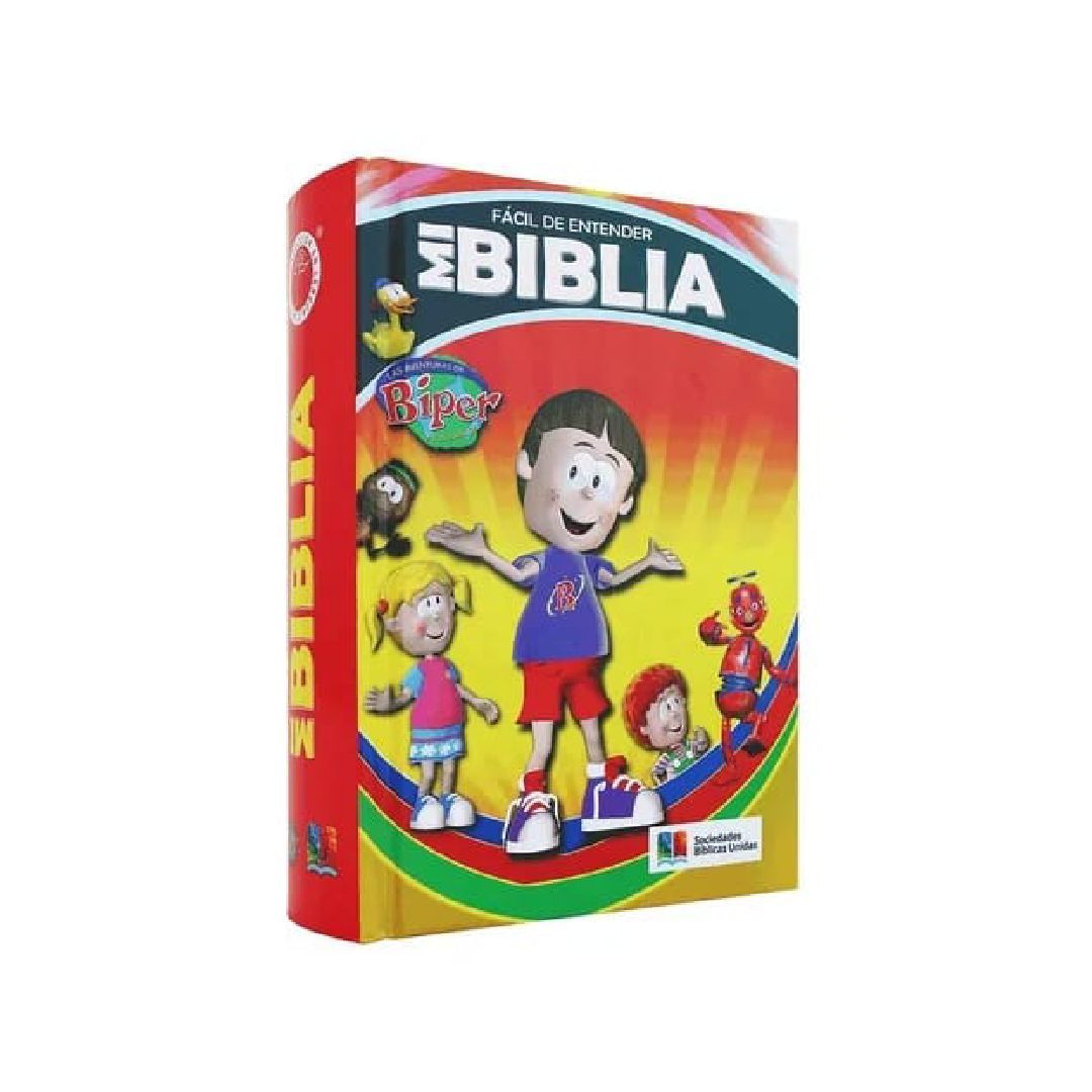 Biblia infantil con personajes de dibujos animados en la portada: niño con los brazos levantados.
