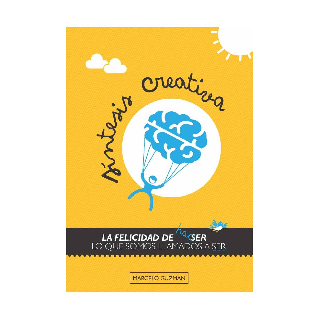 Portada del libro, fondo amarillo, cerebro azul con paracaídas, título "Síntesis Creativa".