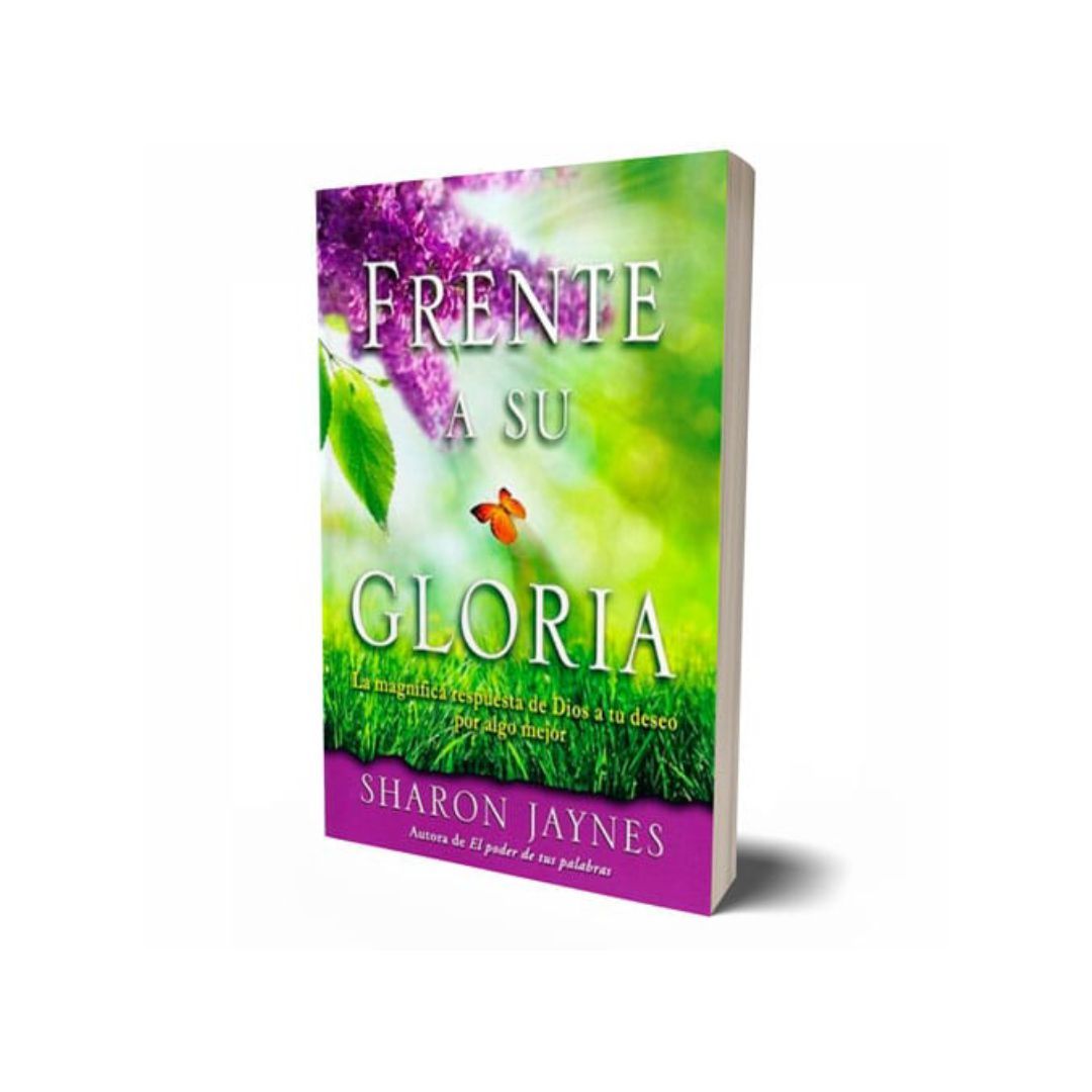 Portada del libro: "Frente a Su Gloria" con fondo morado/verde, una mariposa y hojas.