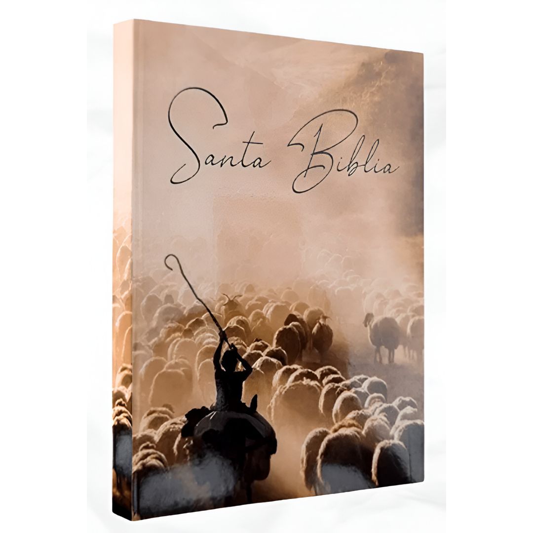 Portada de Biblia en español con un pastor y un rebaño de ovejas en una escena polvorienta en tonos sepia.