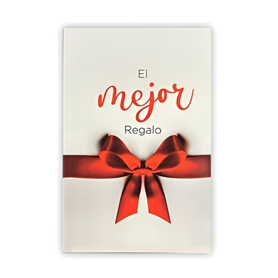 Tarjeta blanca con el texto en rojo “El mejor Regalo” y una cinta roja atada en un lazo.