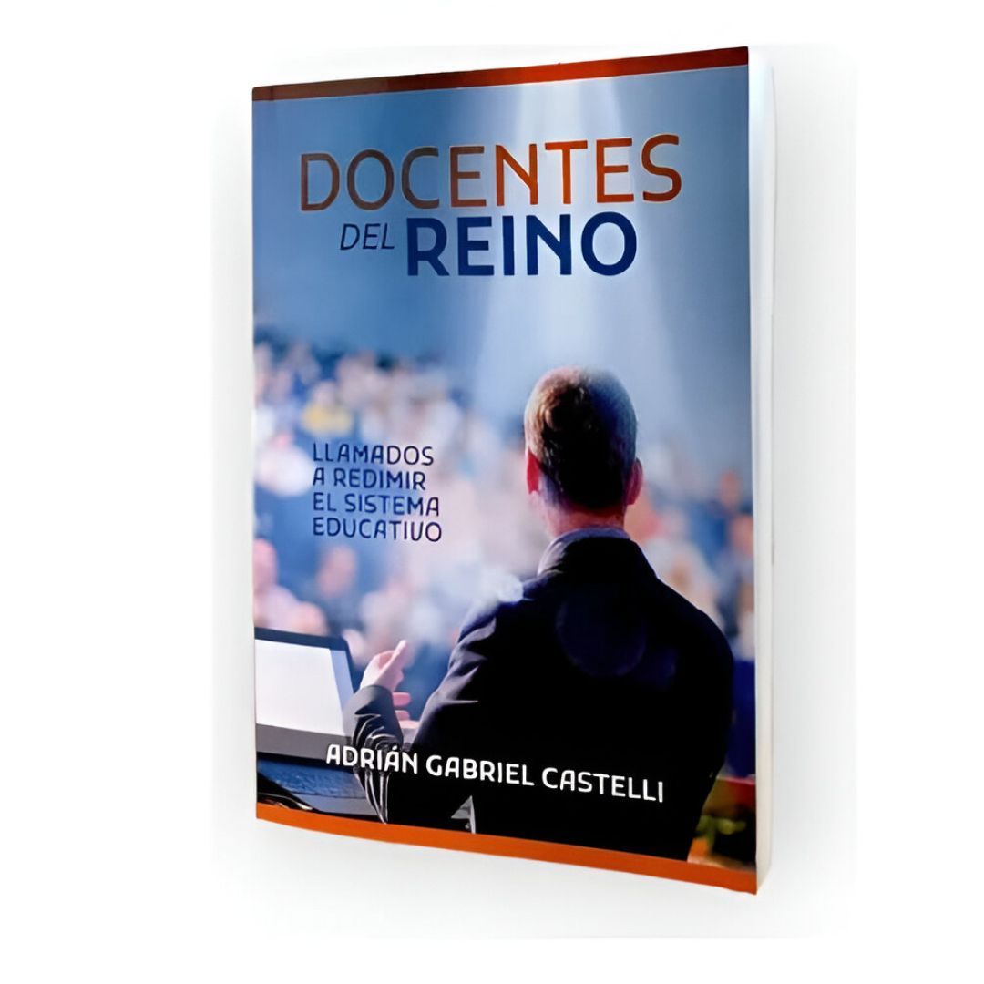 Portada del libro con título “Docentes Del Reino”, hombre en podio, luz y nombre del autor.