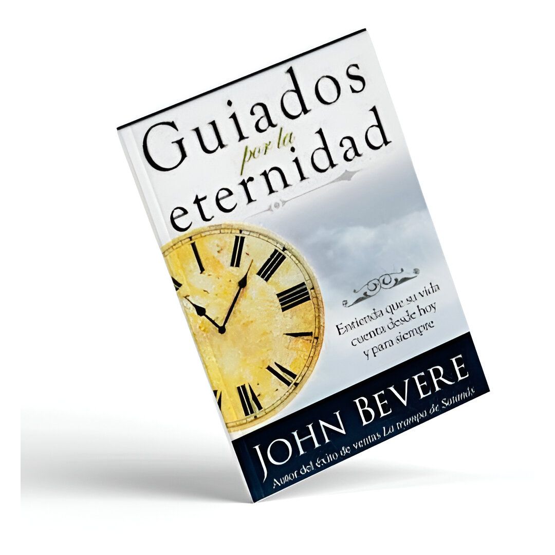 Portada del libro titulada "Guiados por la eternidad" con un reloj y nubes.