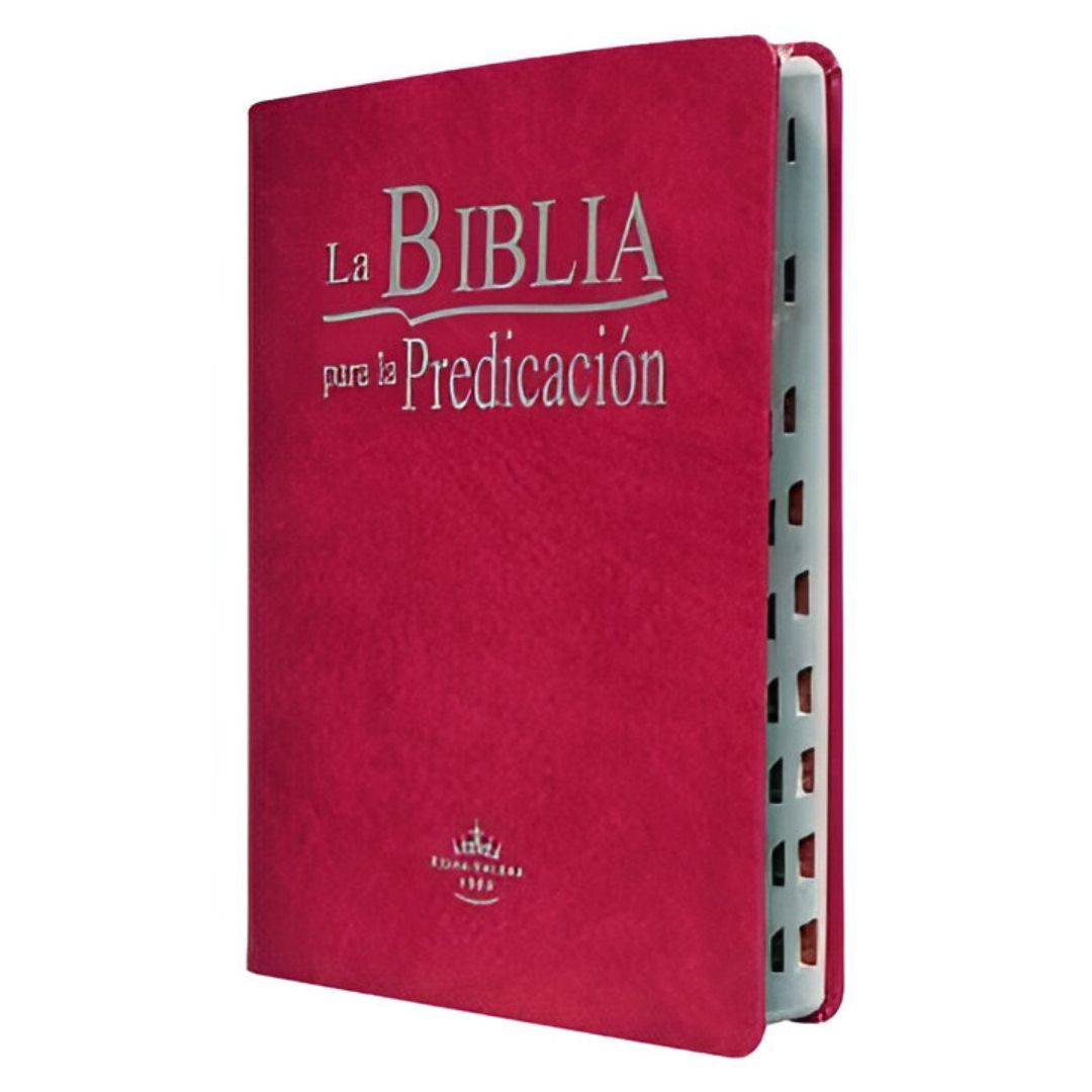 Red Bible titled "La Biblia para la Predicación" with page markers.