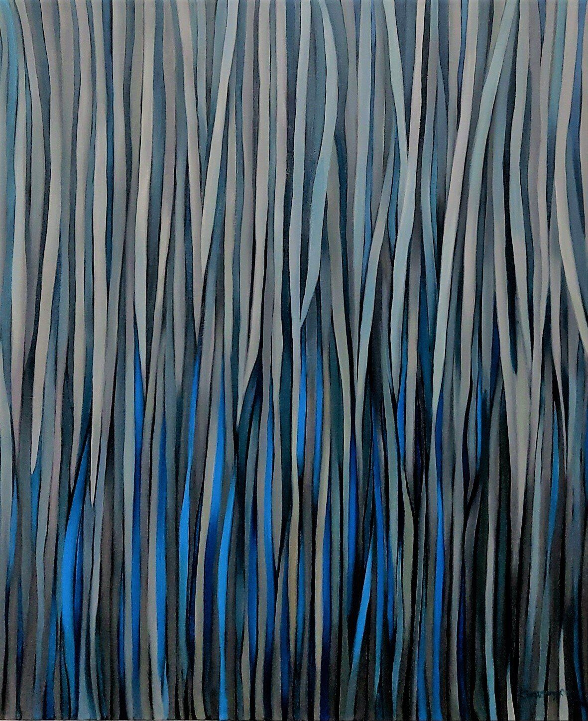 A painting of a forest with trees in blue and gray.