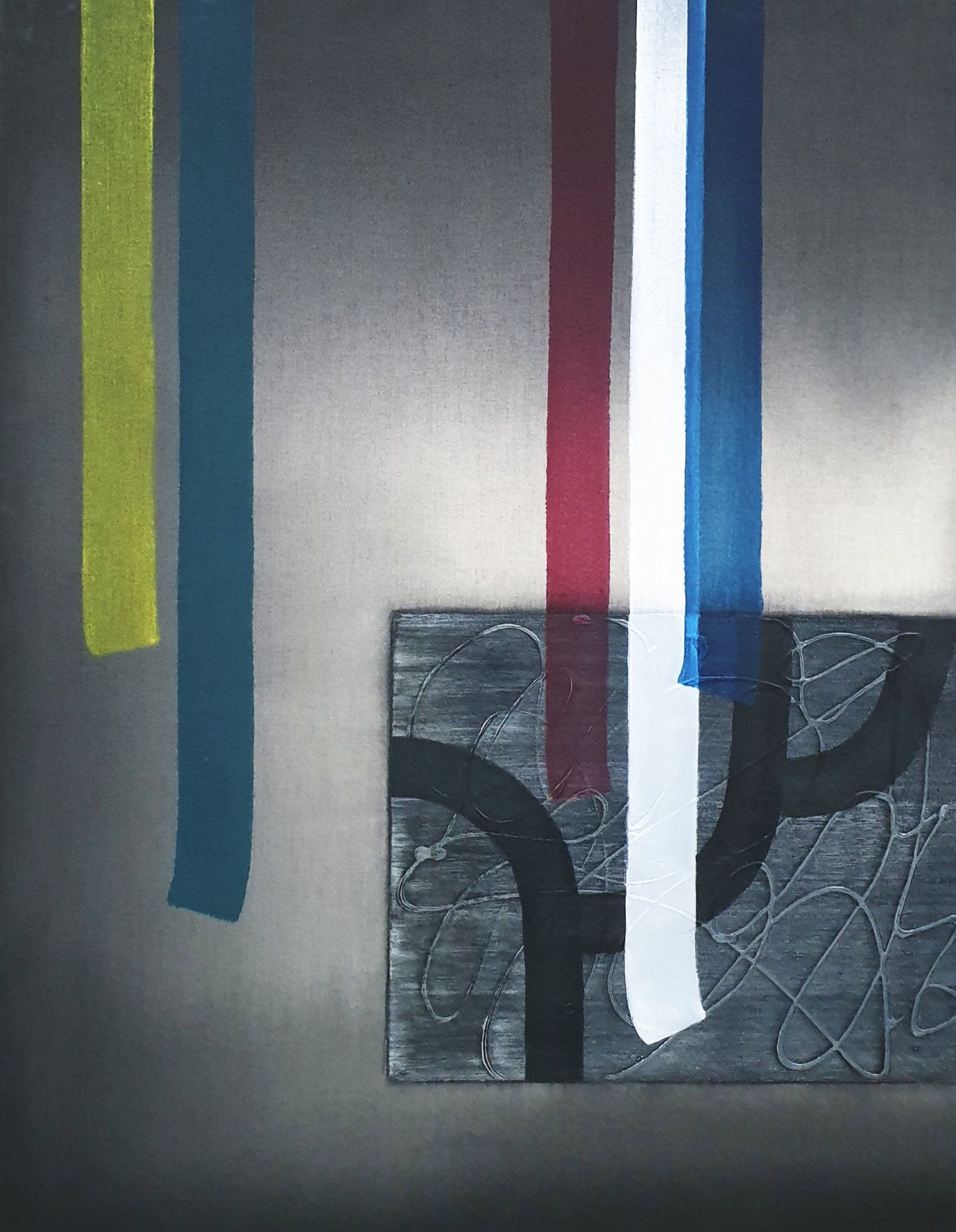 A painting with blue red and yellow stripes on a wall