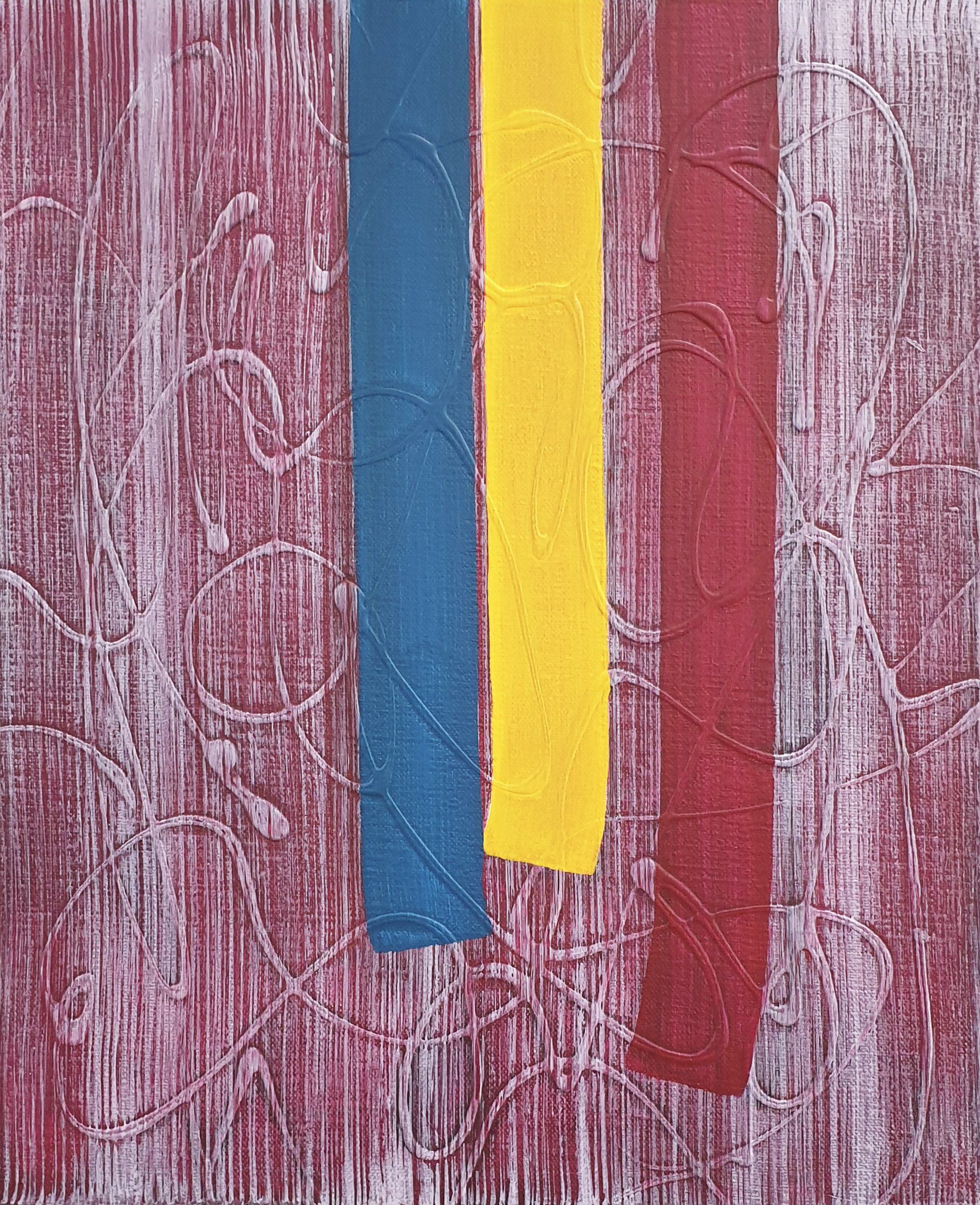 A painting with blue yellow and red stripes on a red background