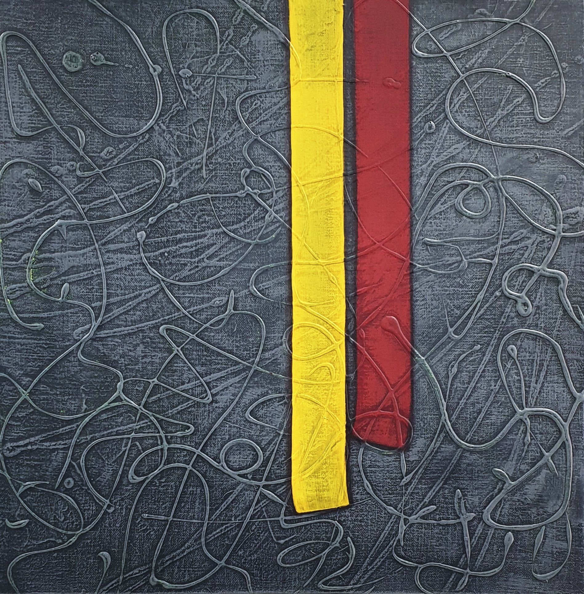 A painting of a yellow and red stripe on a black background