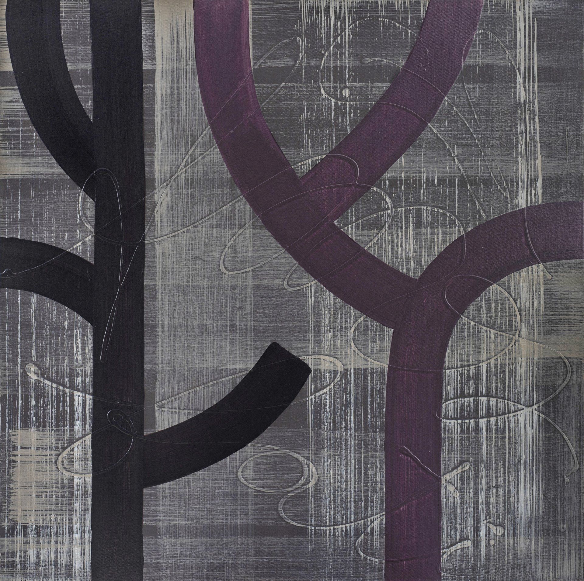 A painting of purple and black circles on a gray background