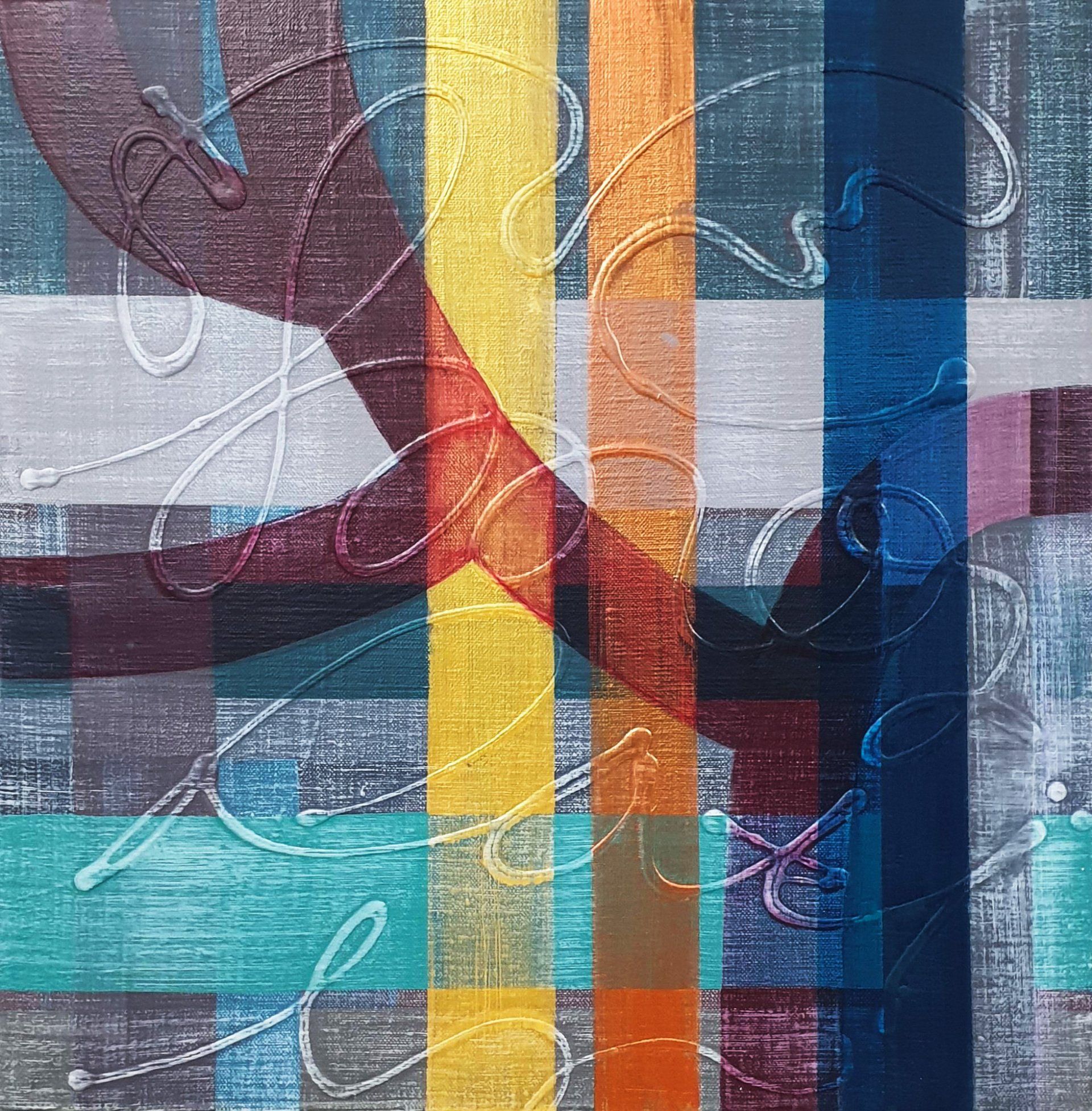 A close up of a colorful painting on a wall