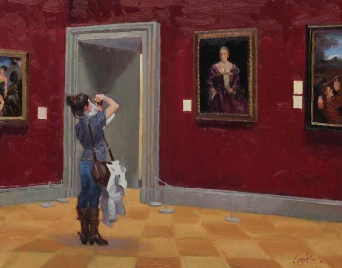A woman is taking a picture of a painting in a museum.