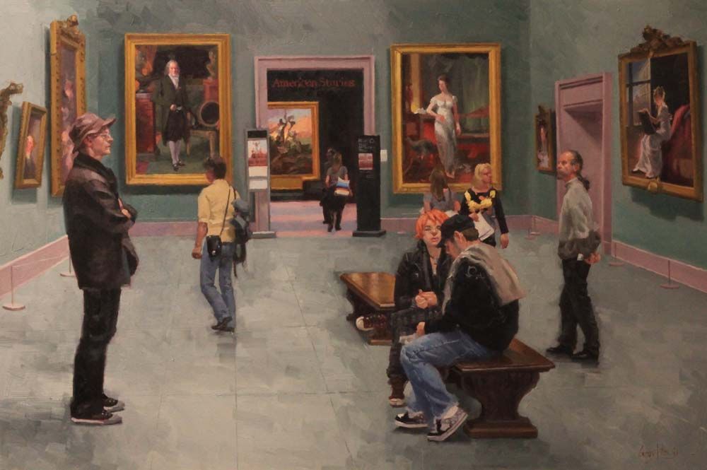 A painting of people looking at paintings in a museum