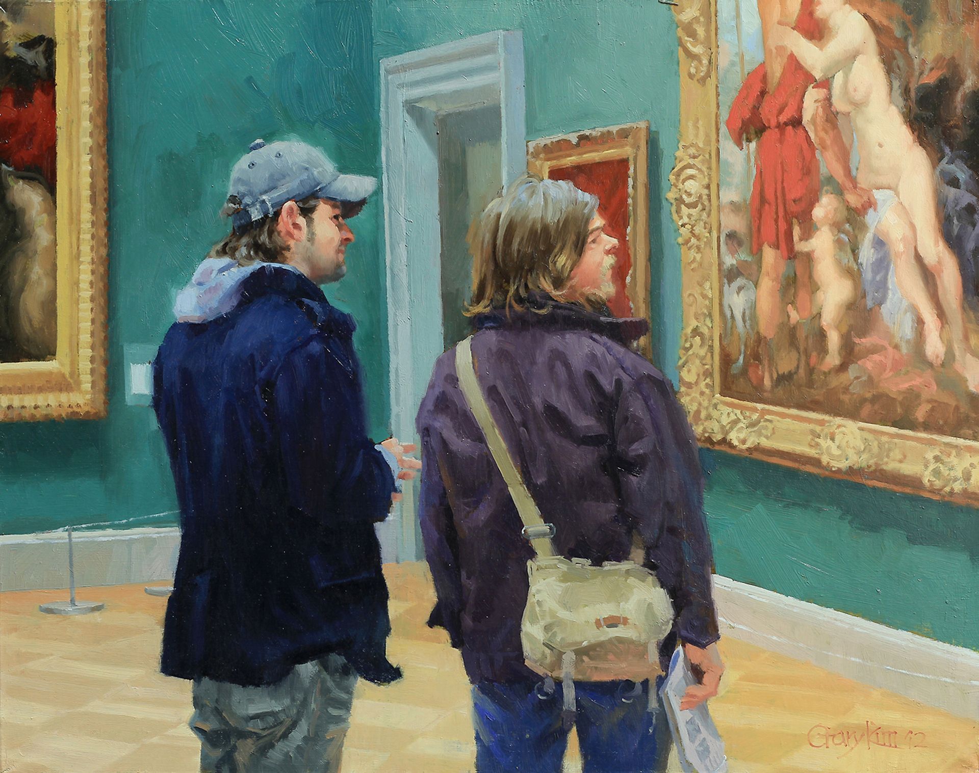 Two people are looking at a painting in a museum