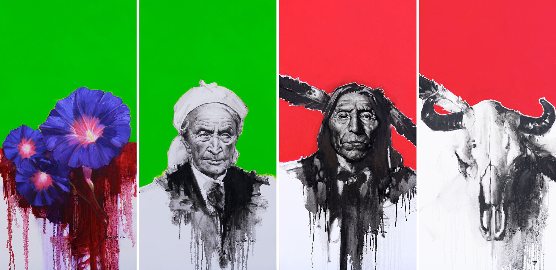 A collage of four paintings of native americans and a bull skull.