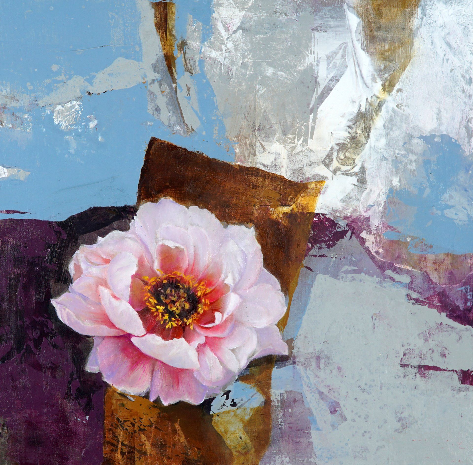 A painting of a pink flower with a yellow center