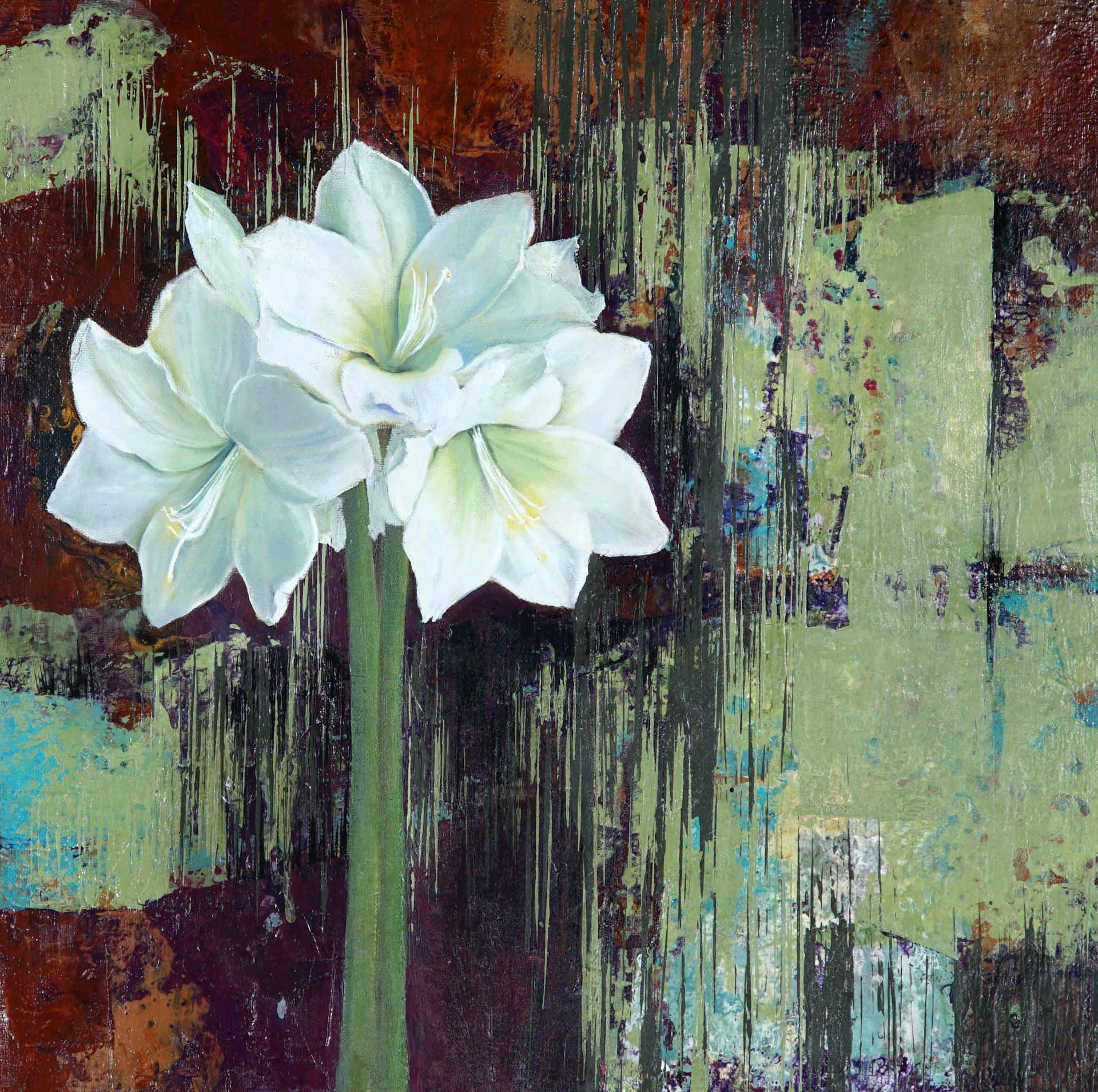A painting of two white flowers on a green background