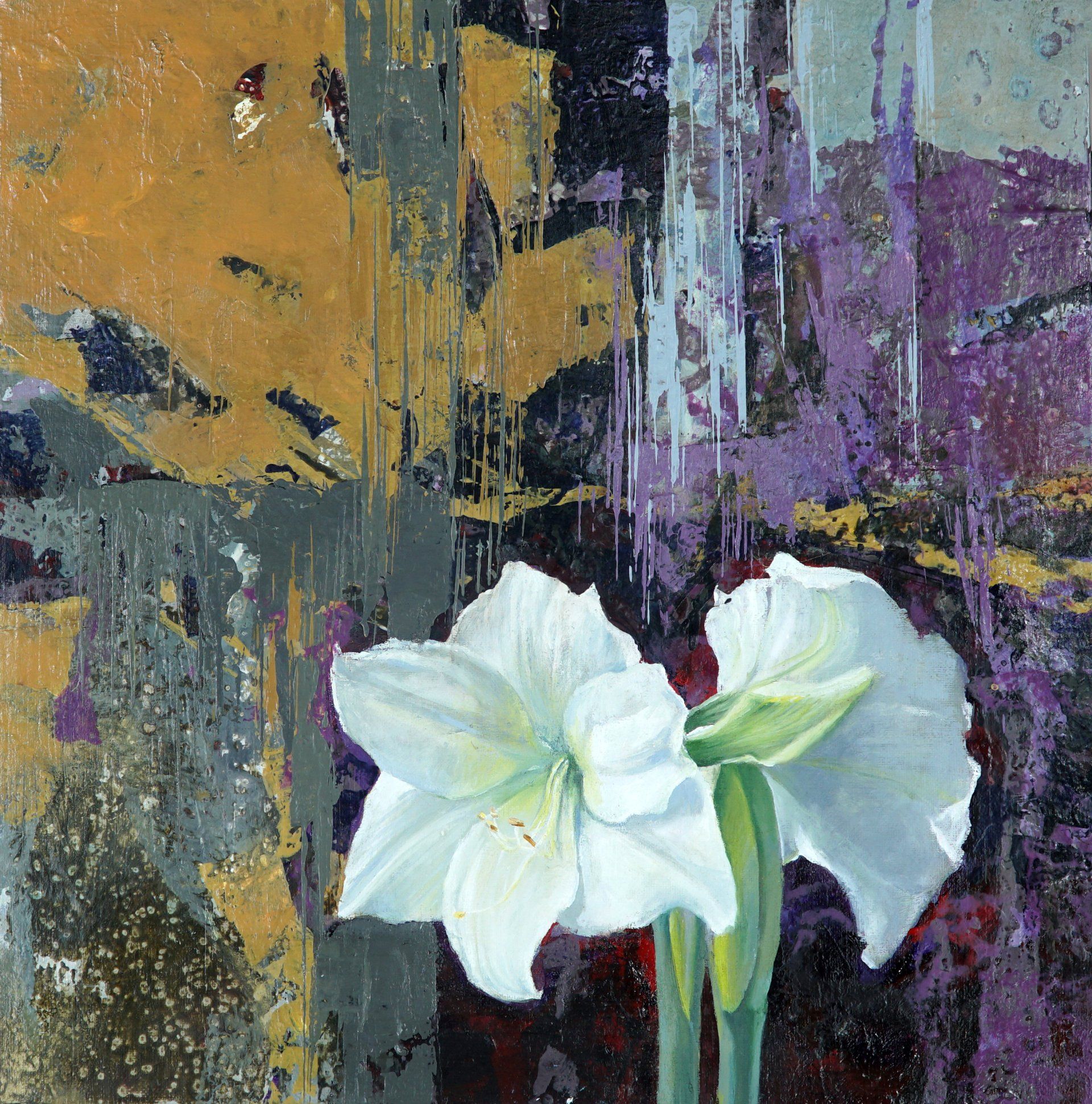 A painting of two white flowers on a purple background