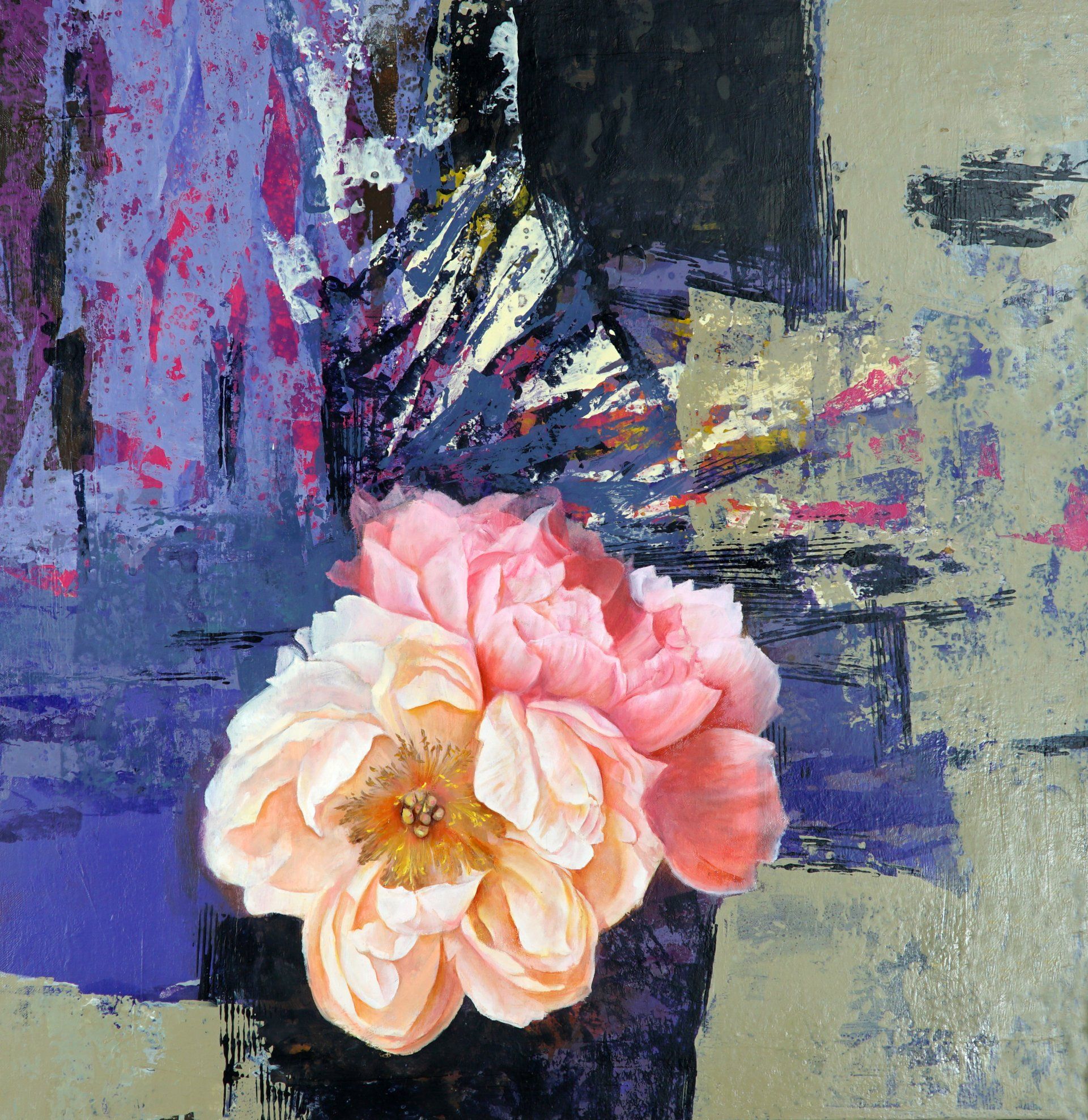A painting of a pink flower with a fan in the background