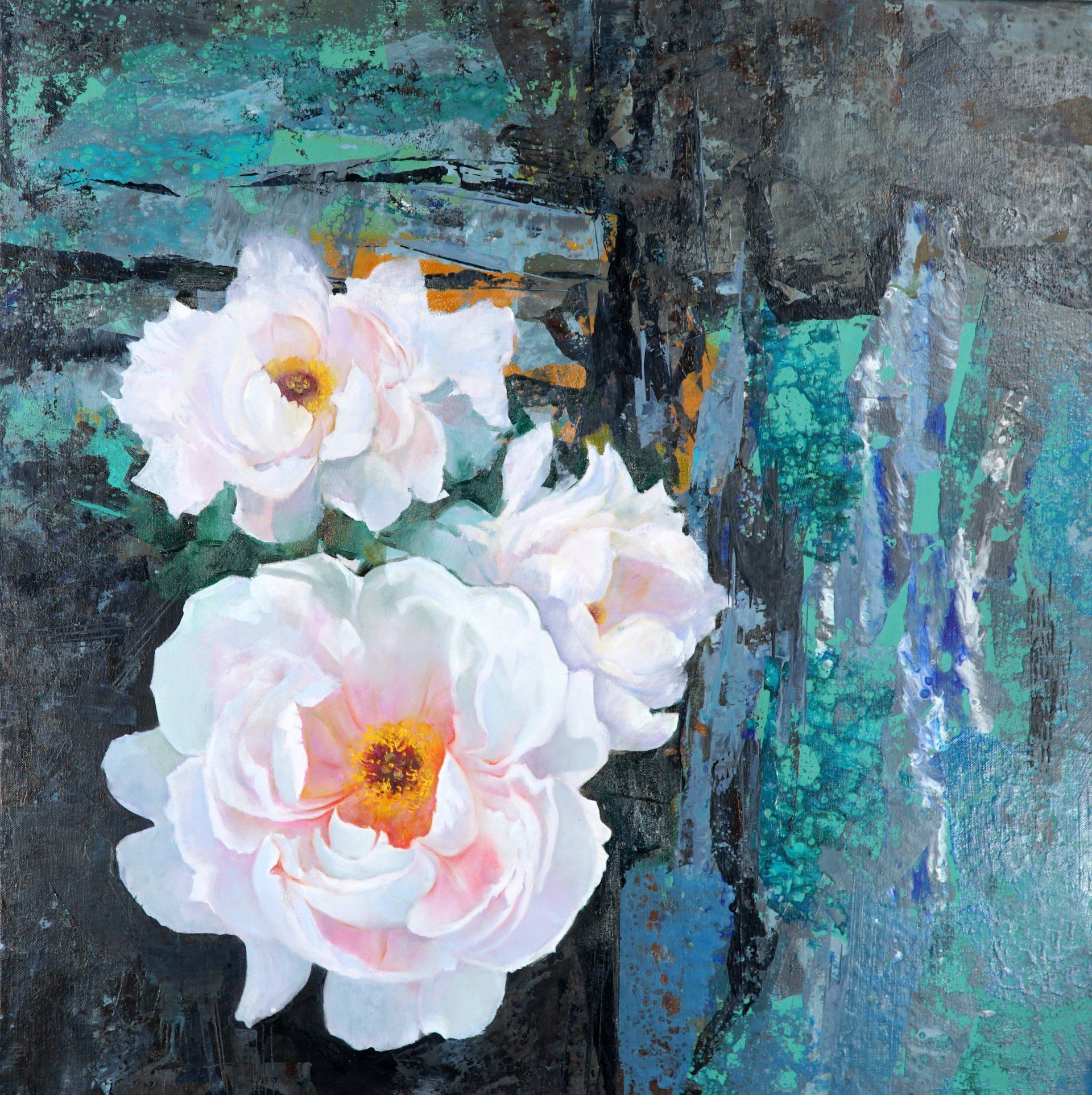 A painting of two white flowers with a yellow center