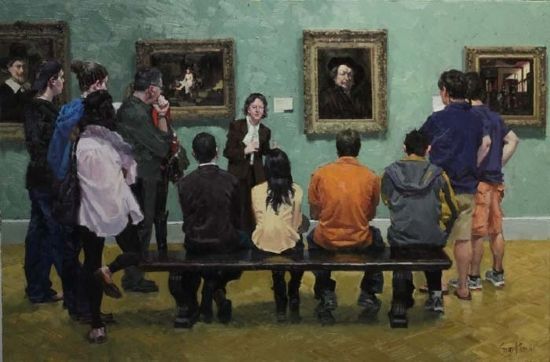 A painting of people looking at paintings in a museum