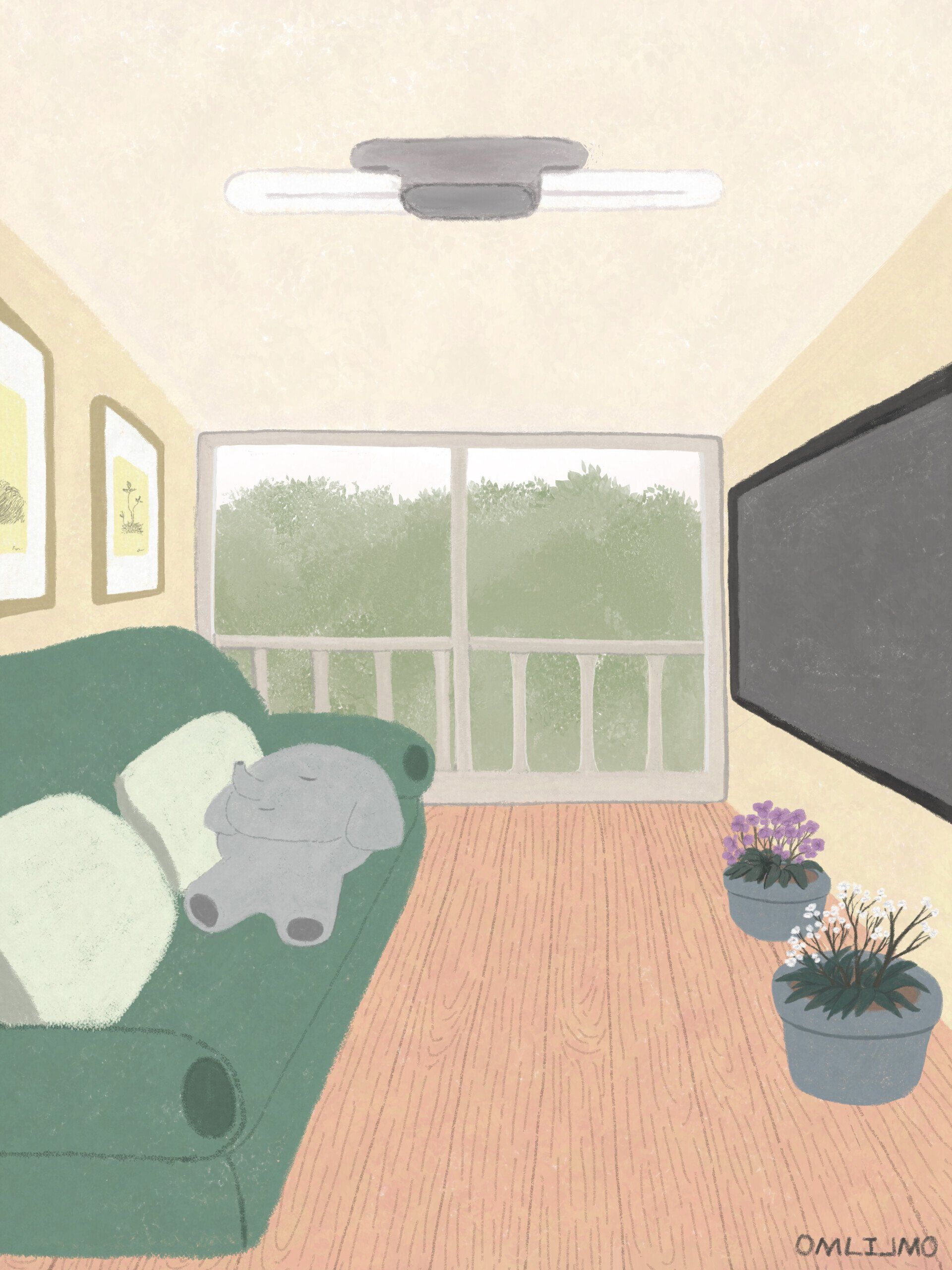 A drawing of a living room with a couch and a television