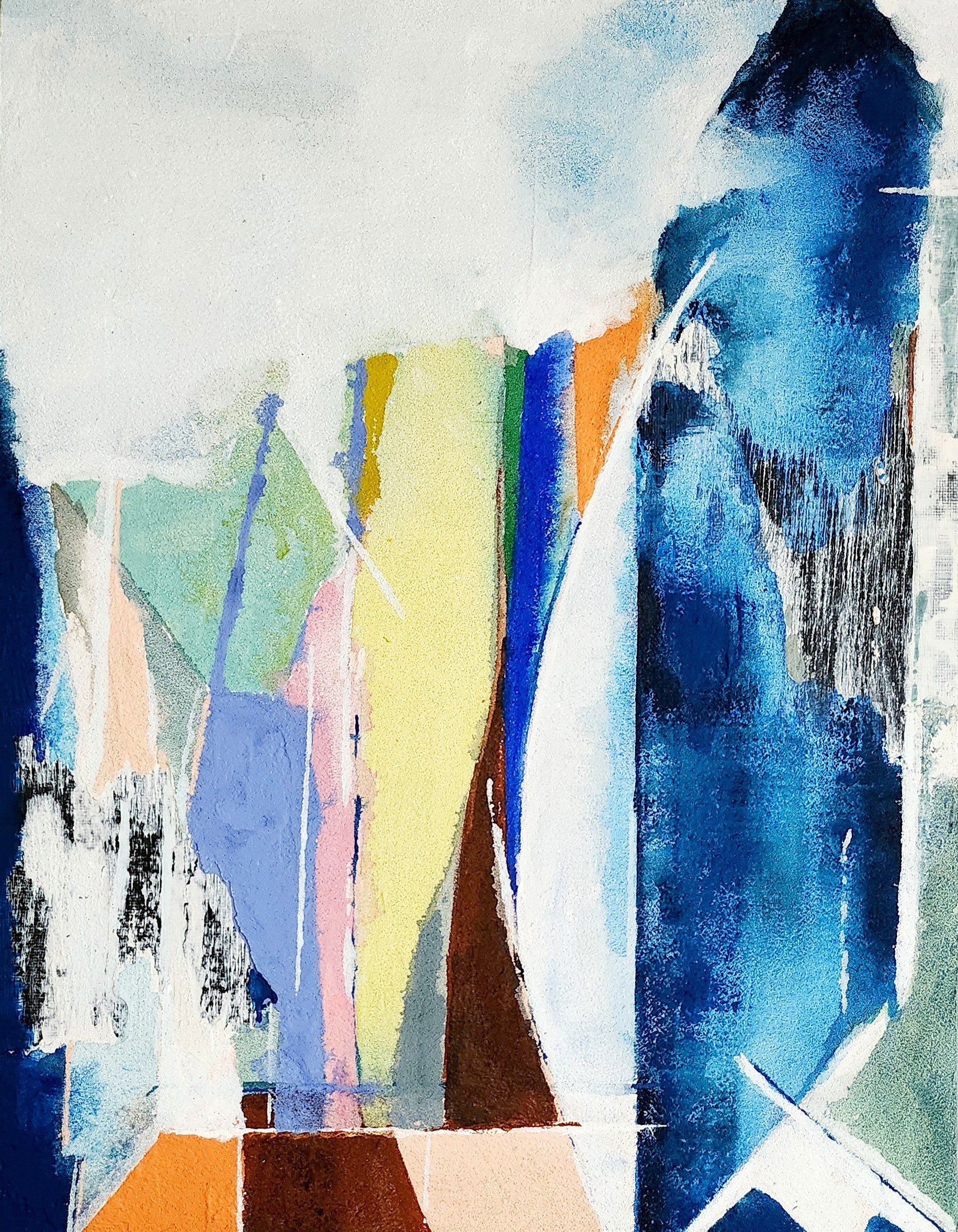 A close up of a painting with a blue sky in the background