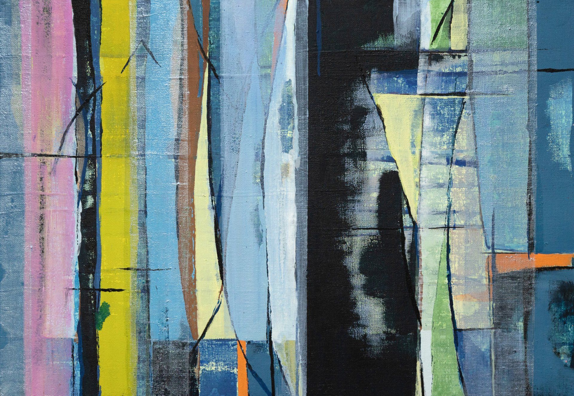 A close up of a colorful painting on a wall