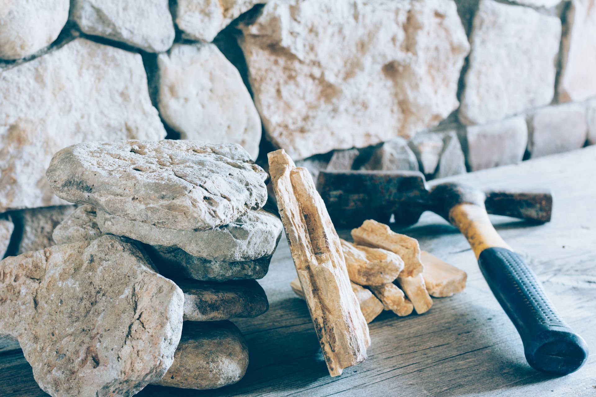 Construction hammer and stacked flagstone against a wall of stone, close-up. Construction hammer and stacked flagstone against a wall of stone, close-up.